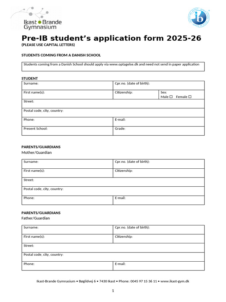 Pre-IB Application Form 2025-26 | PDF