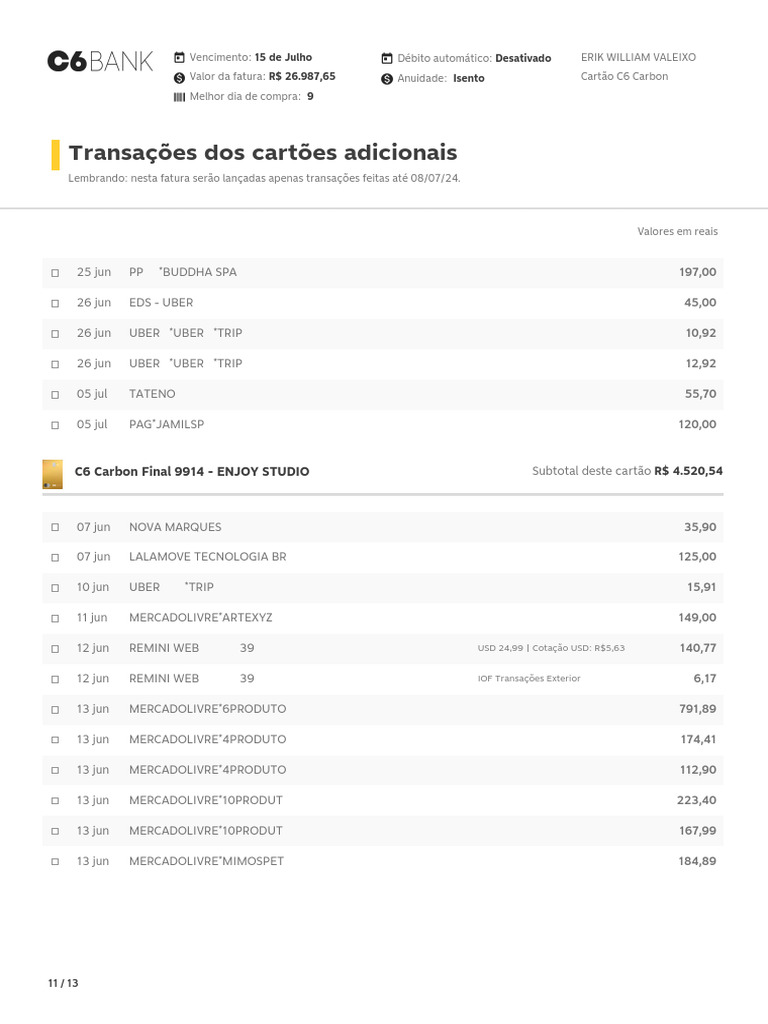 Fatura Cartão C6 Carbon - Julho 2024 | PDF | Moedas das Américas | Moeda
