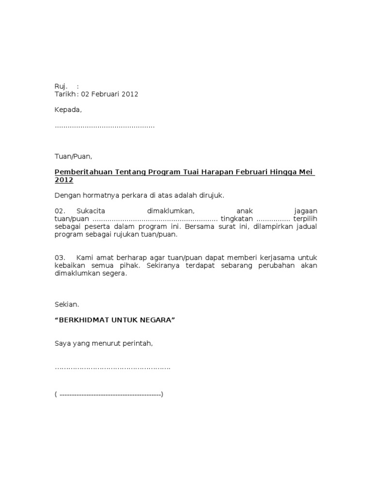 Contoh Surat Makluman Ibu Bapa Utk Program Pdf