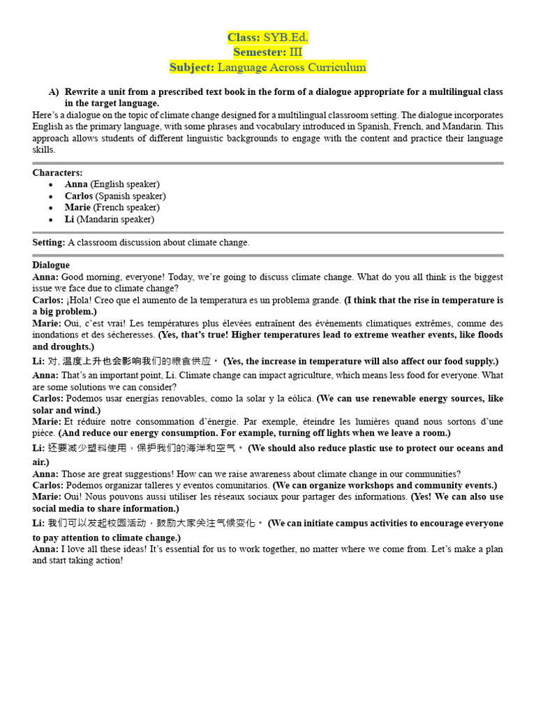 Multilingual Classroom Dialogue On Climate Change Pdf Reading