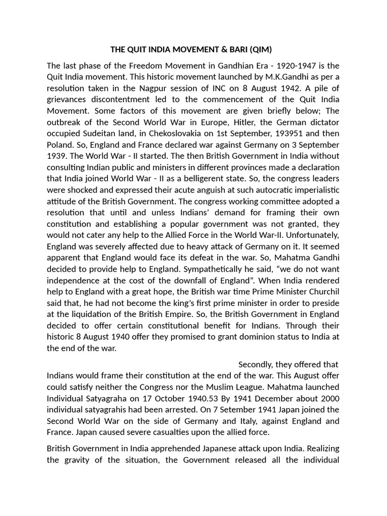THE QUIT INDIA MOVEMENT - Docx - 07-01-25 | PDF | Mahatma Gandhi ...