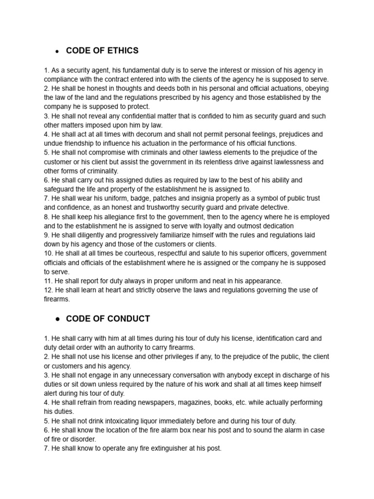 Security Guard Code of Ethics and Conduct | PDF | Security Guard | Justice
