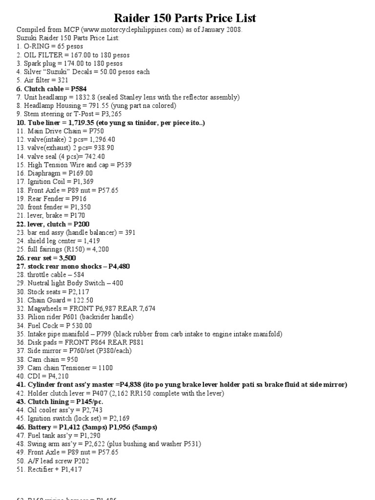 Raider 150 Parts Price Carburador Motor de combustión interna