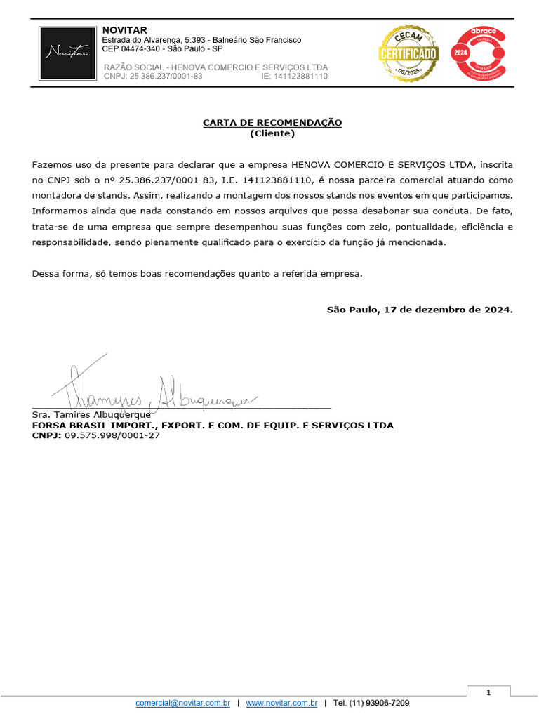 Carta de Recomendação HENOVA Comércio | PDF