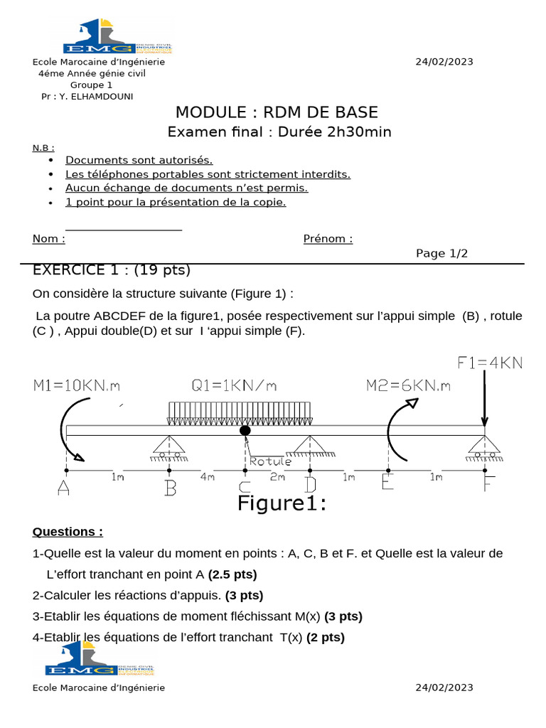 Examen RDM de Base - Génie Civil 4ème Année | PDF