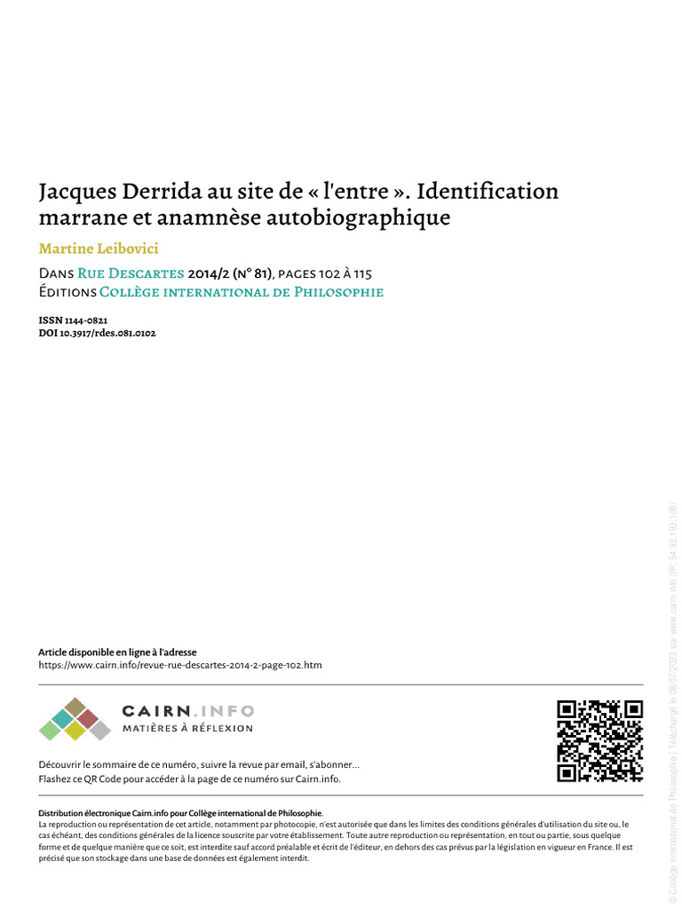 Derrida : Identité marrane et migration | PDF | Jacques Derrida