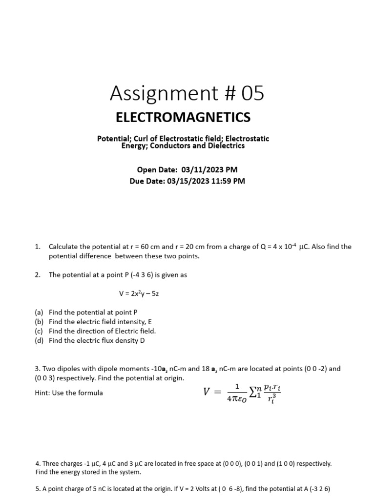 Electromagnetics Assignment on Potential and Energy | PDF