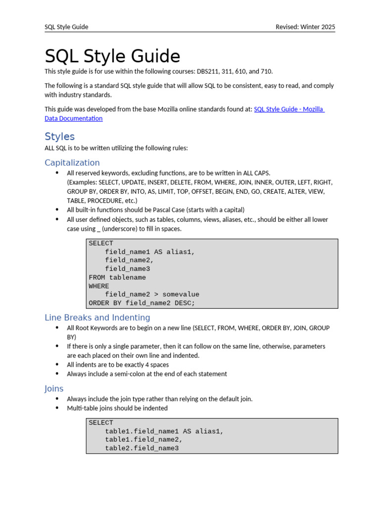 SQL Style Guide for DBS Courses | PDF | Sql | Bracket