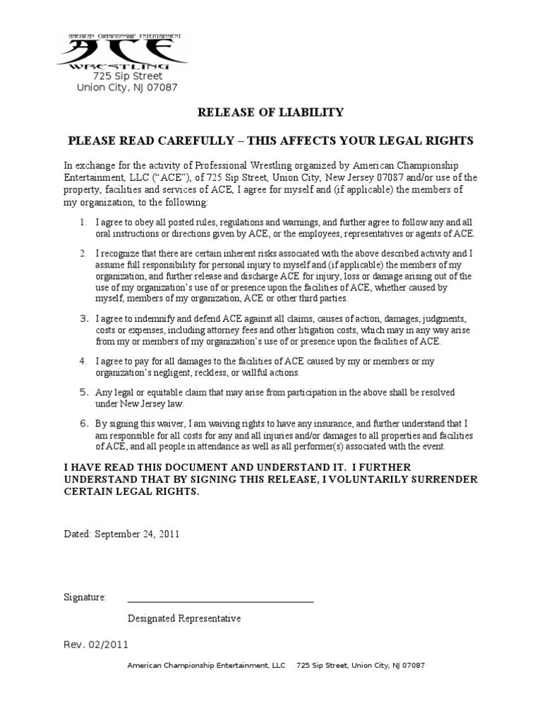 Release of Liability Form for Participation in Professional Wrestling