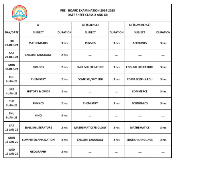 Pre - Board Examination 2024-2025 Date Sheet Class X and Xii | PDF