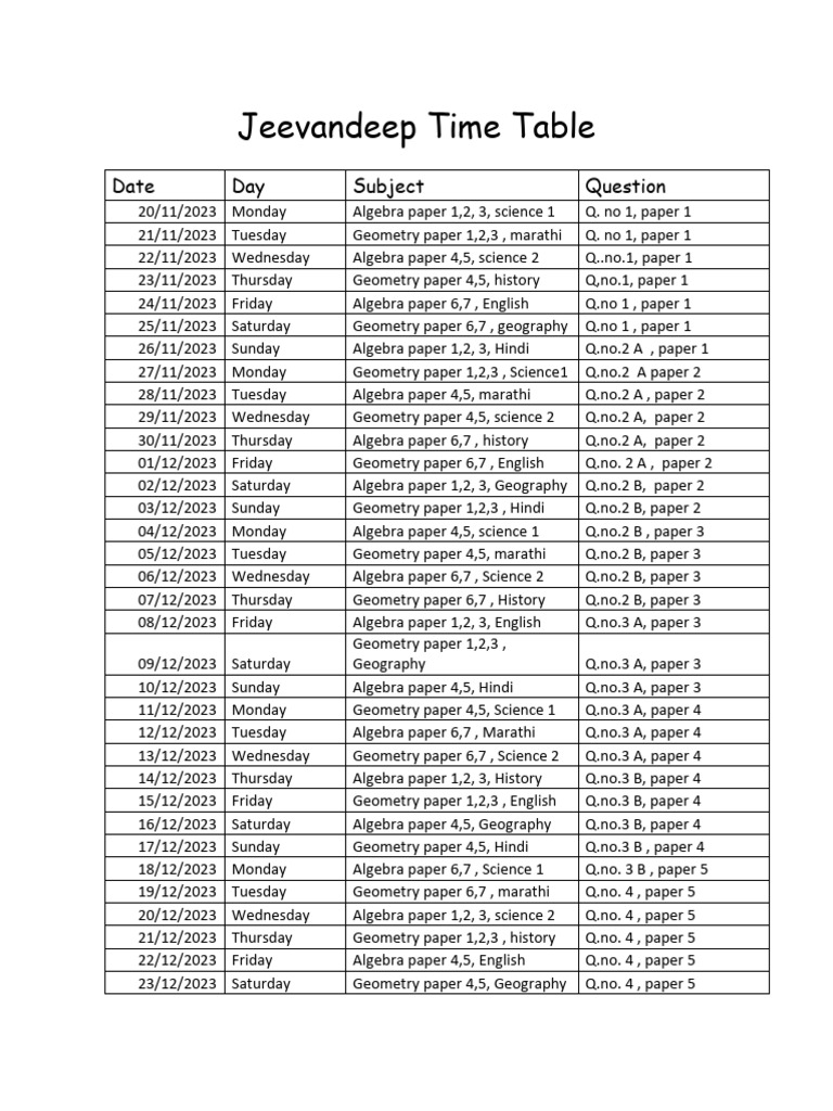 Jeevandeep Time Table 23-24 | PDF