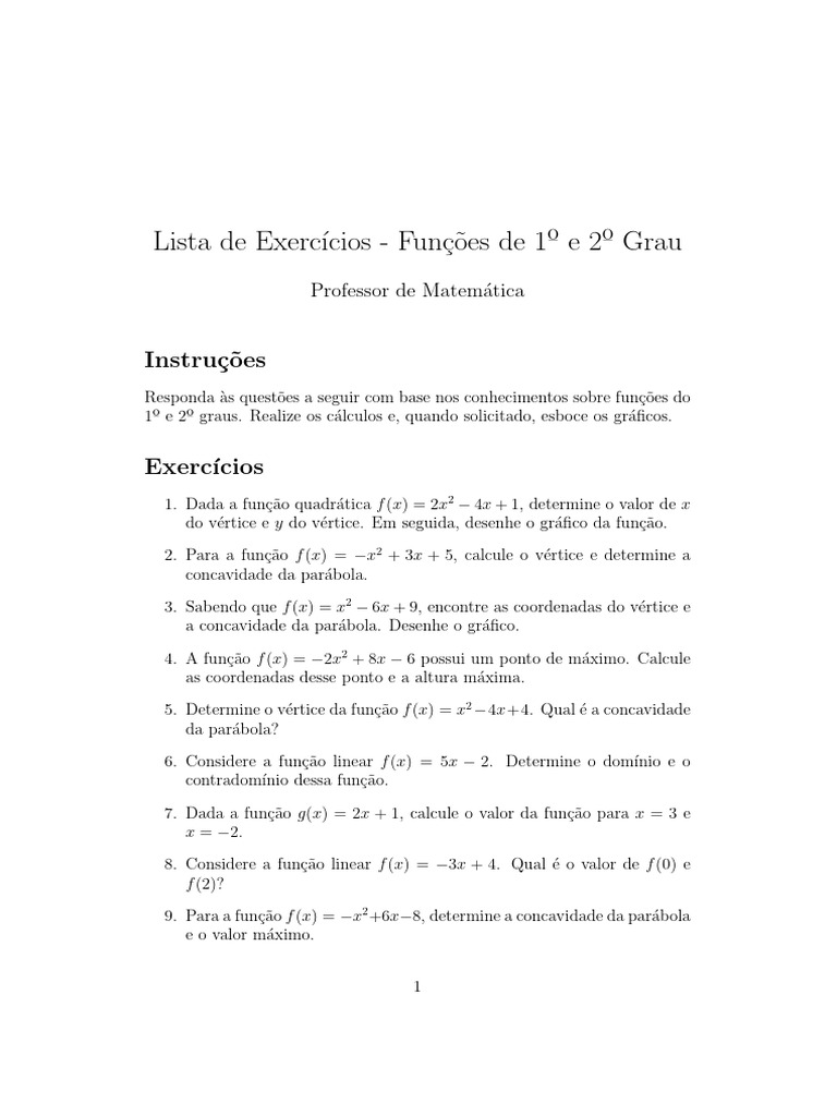 Exercícios sobre Funções de 1º e 2º Grau | PDF