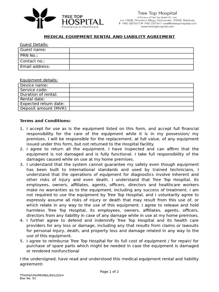 Medical Equipment Rental Agreement | PDF | Legal Liability | Medical Device
