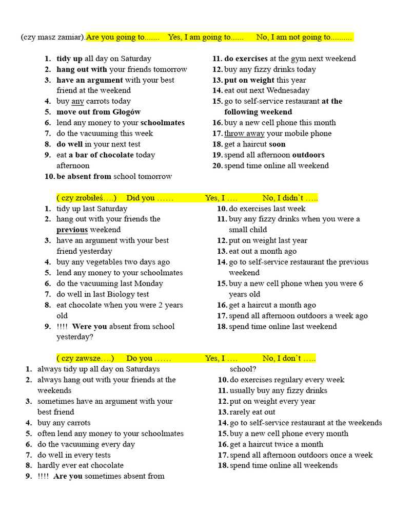 BE GOING TO Present Simple Past Simple - Pytania | PDF