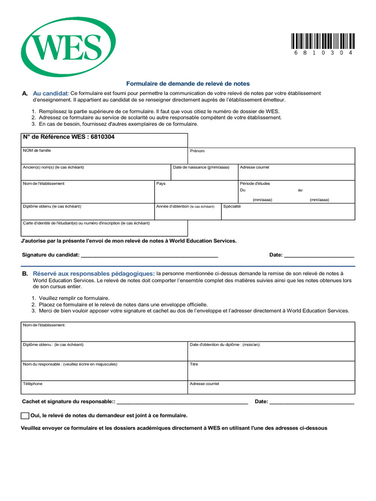 Formulaire de relevé de notes WES | PDF