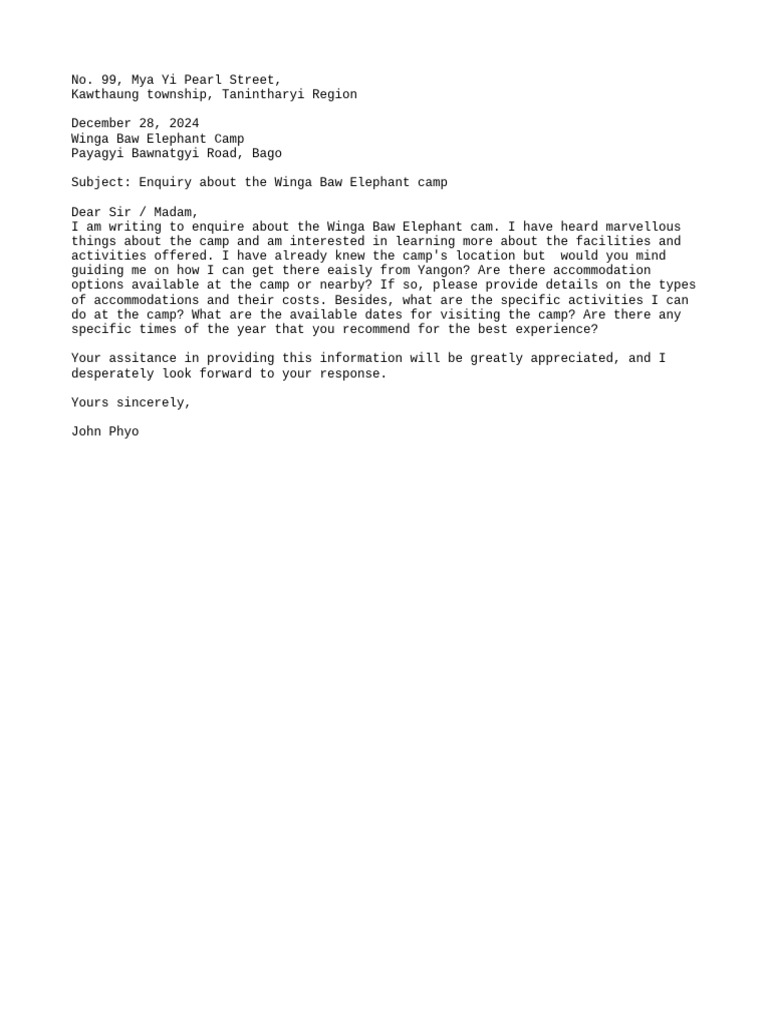 Inquiry About Winga Baw Elephant Camp | PDF