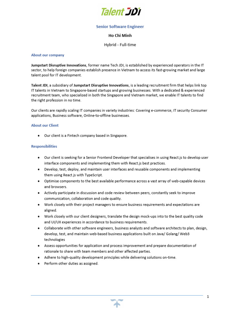 Senior Frontend Developer Position in Vietnam | PDF | Software ...