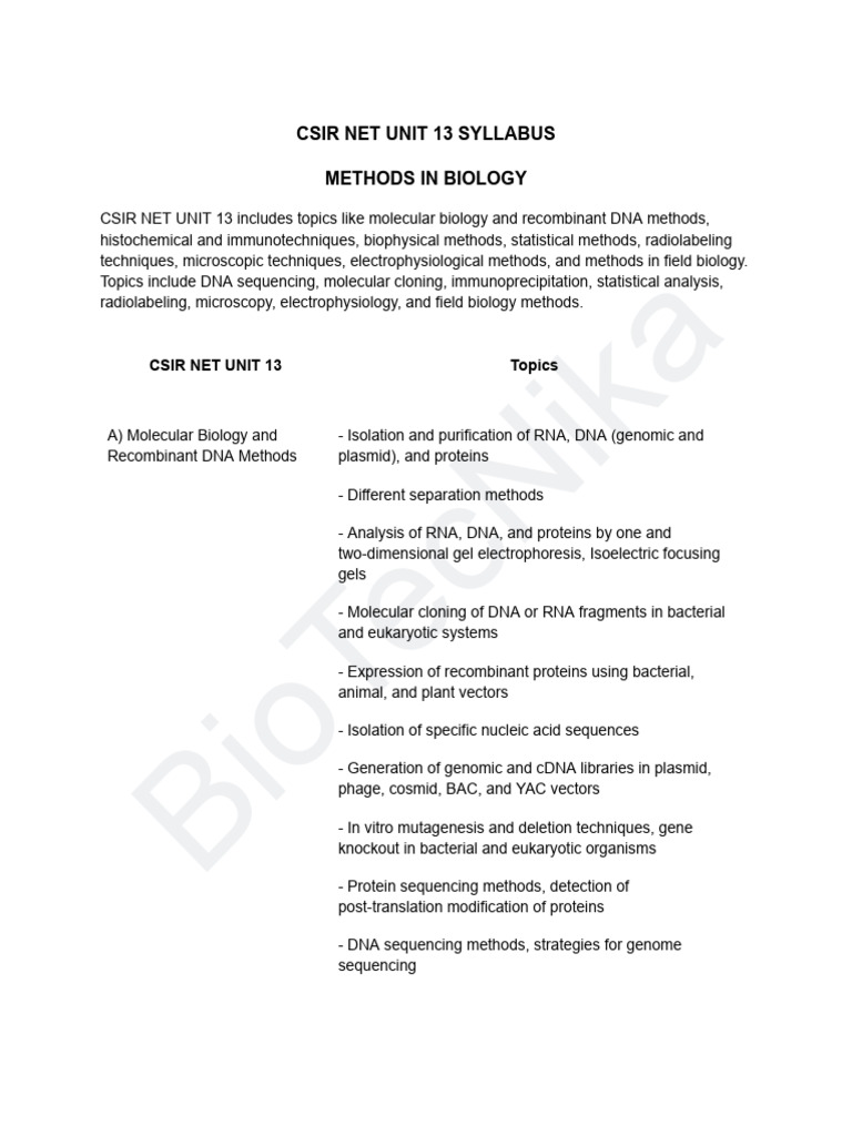 CSIR NET Unit 13: Methods in Biology | PDF | Molecular Biology | Dna ...