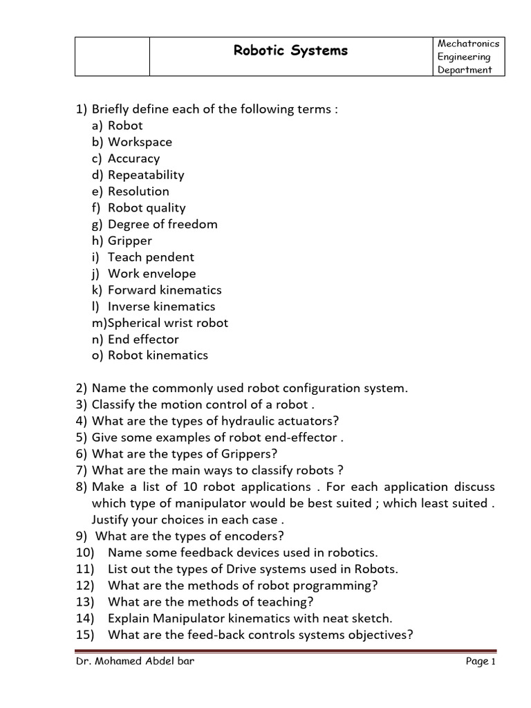 Sheet 1 | PDF | Robotics | Robot