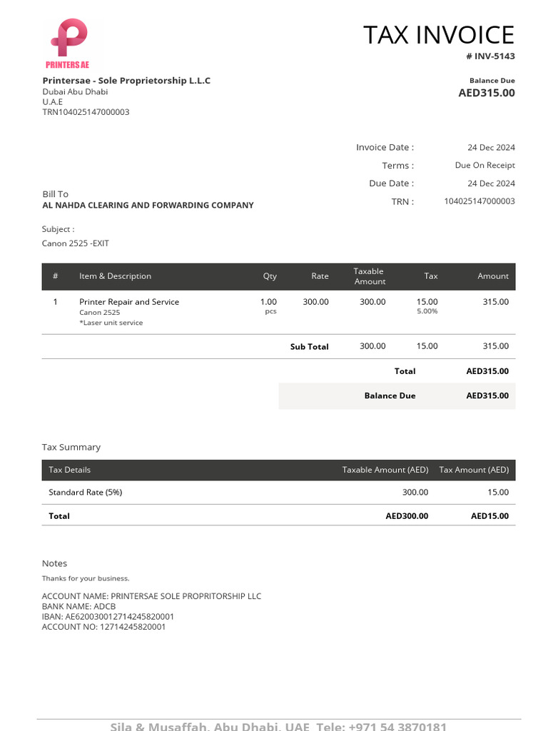 Canon 2525 Printer Repair Invoice | PDF