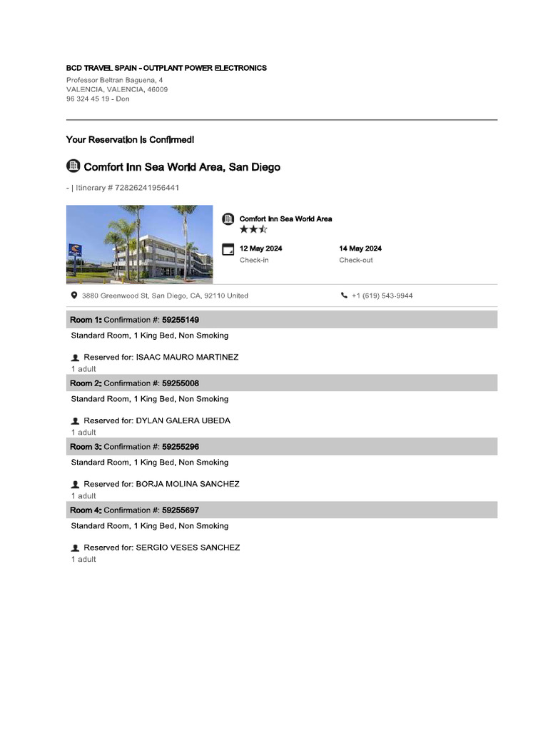 Bono Hotel COMFORT INN SEA WORLD AREA. 12-14 Mayo. 2 Hab Indiv. Resto ...