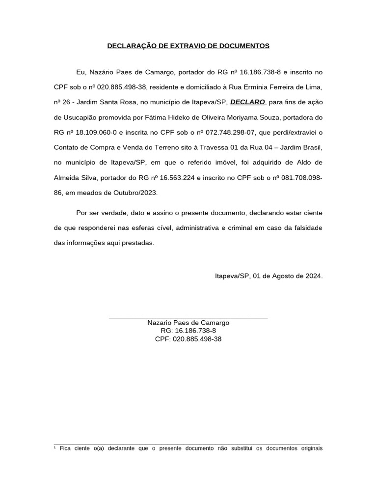 Declaração de Extravio de Documentos | PDF