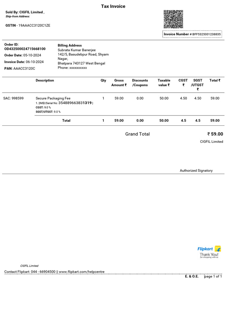 Samsung Galaxy A14 5G Invoice Details | PDF | Mobile Telecommunications ...
