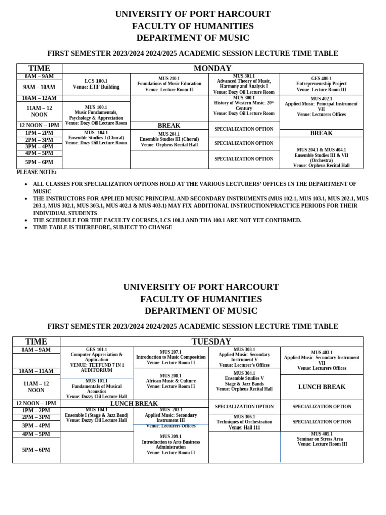 Dept. of Music Lecture Time Table Ist Sem. 2023-2024 & 2024-2025 ...