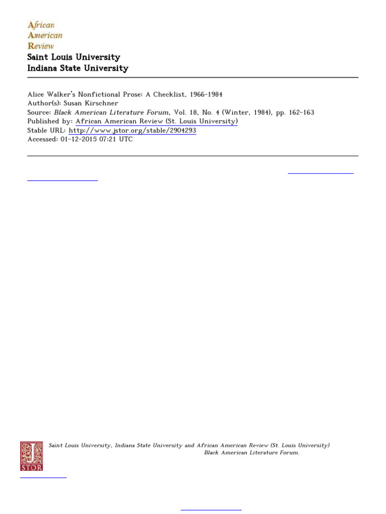 Alice Walker's Nonfictional Prose: A Checklist, 1966-1984 Author(s ...