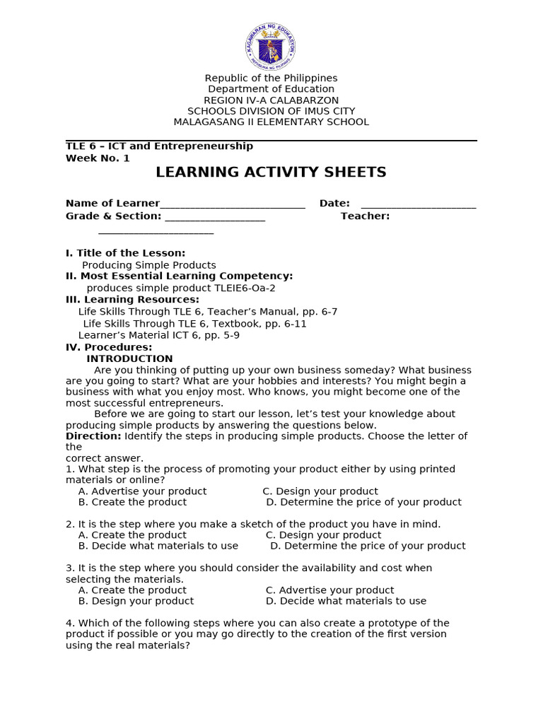 Producing Simple Products: TLE 6 Activity | PDF | Educational ...
