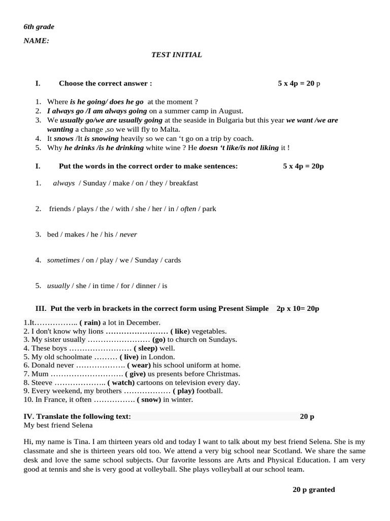 6th Grade English Test: Present Simple | PDF