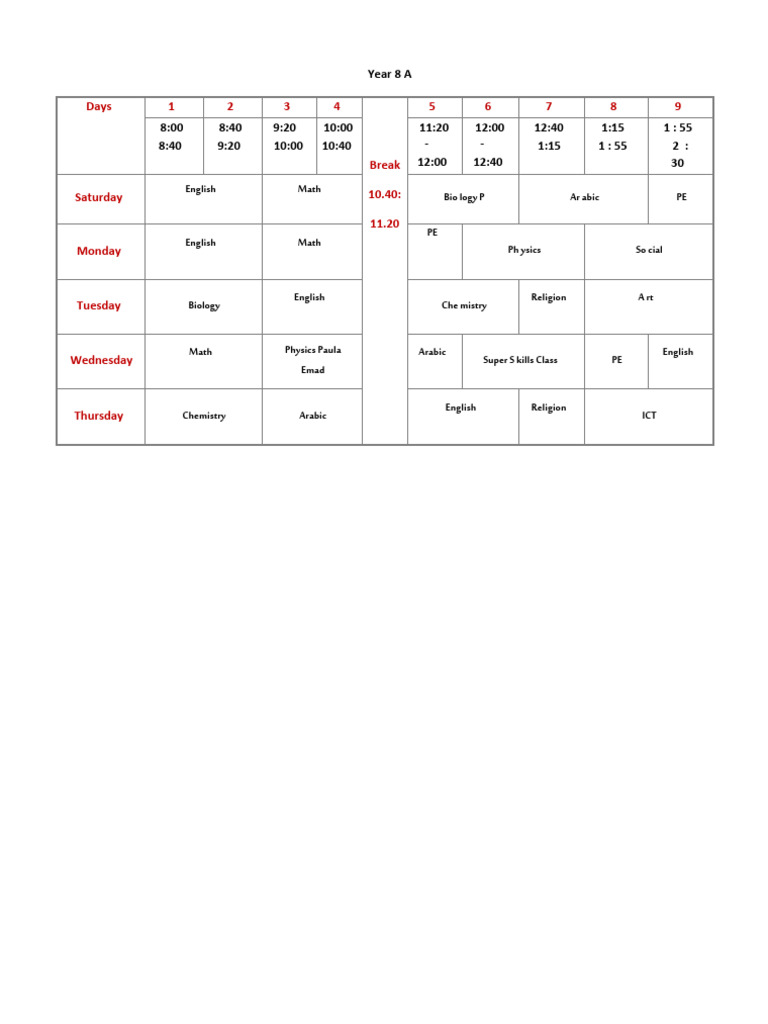 Time table 2024 2025 year pdf