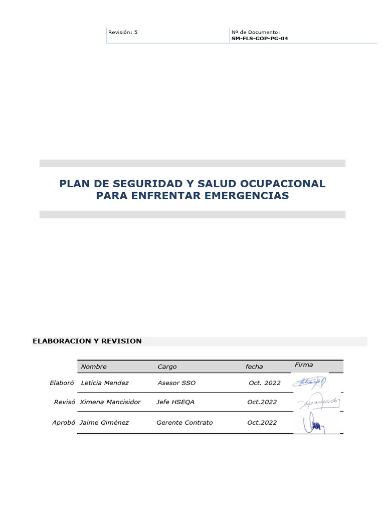 Plan de Seguridad Y Salud Ocupacional para Enfrentar Emergencias | PDF ...