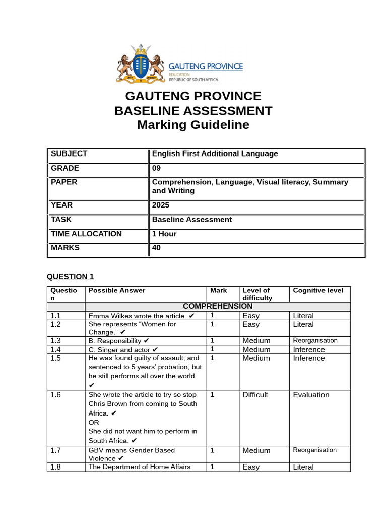 Grade 9 English Baseline Assessment Guide | PDF | Grammar | Linguistics