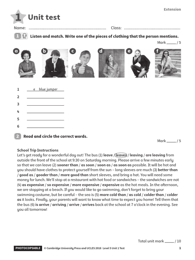 Level 5 Unit Test: Clothing & Instructions | PDF