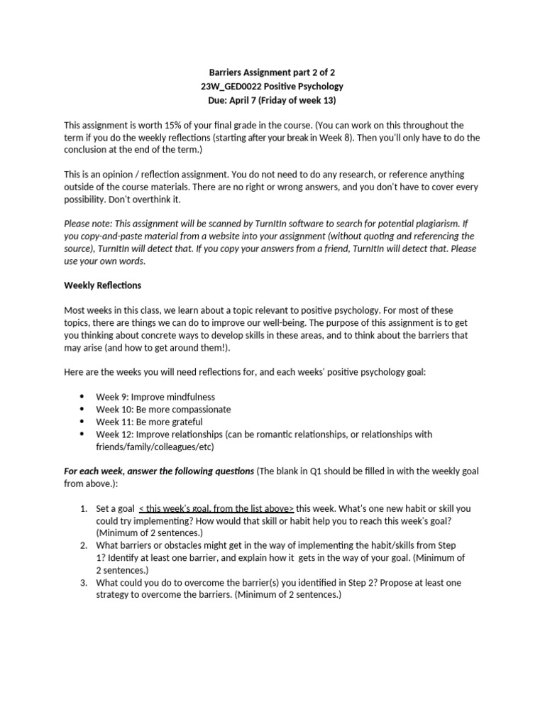 Positive Psychology Reflection Assignment | PDF | Turnitin | Habits