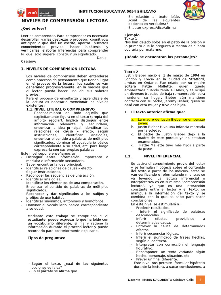 Niveles de Comprensión Lectora | PDF | Comprensión lectora | Inferencia
