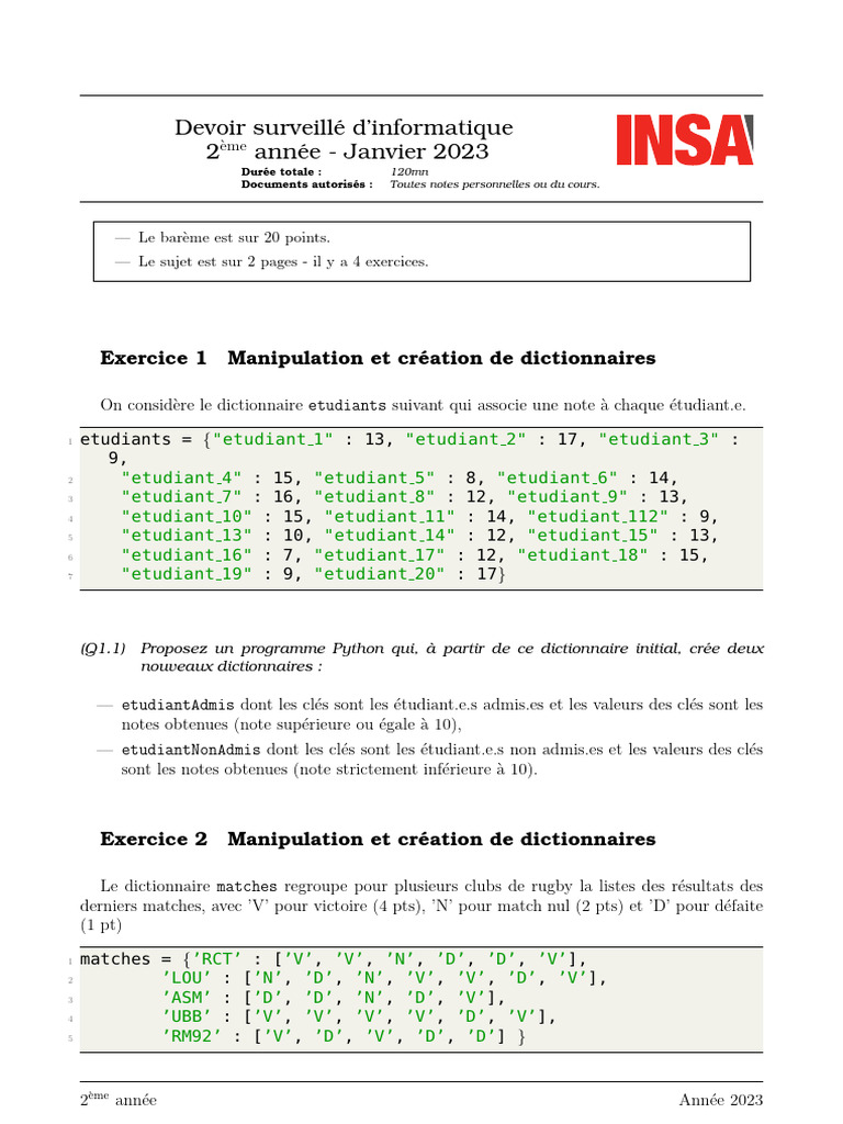 Devoir Informatique : Dictionnaires Python | PDF | Équipes de Rugby à XV