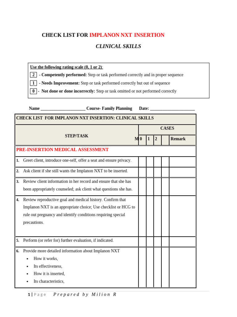 Implanon NXT Insertion Checklist | PDF