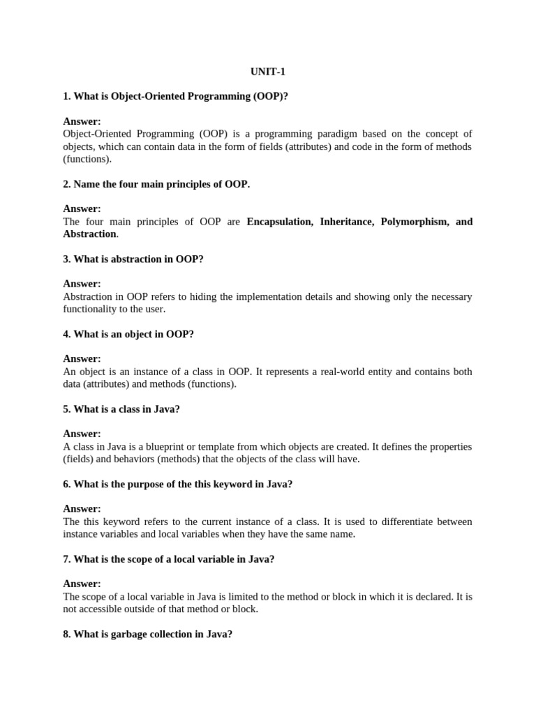 UNIT WISE 1 MARK QUESTION AND ANSWERS | PDF | Inheritance (Object ...