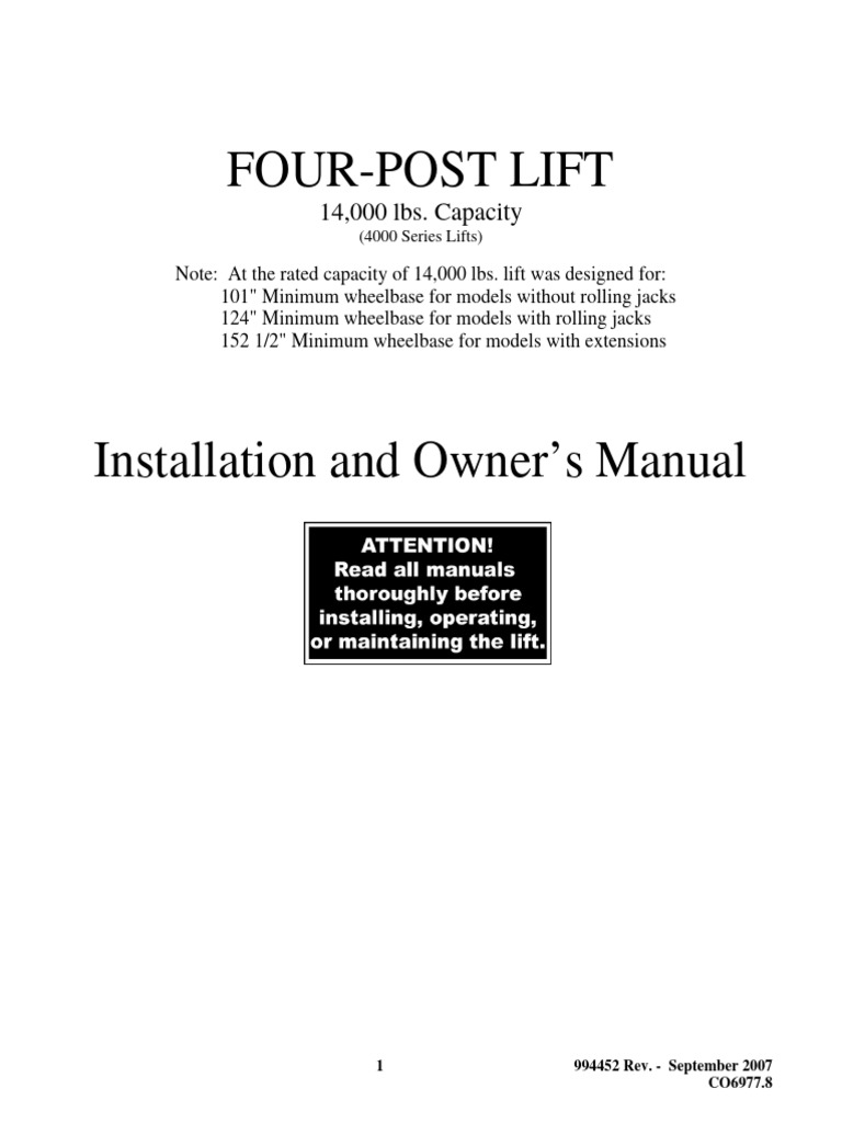 Four-Post Lift Installation Manual | PDF | Elevator | Drill