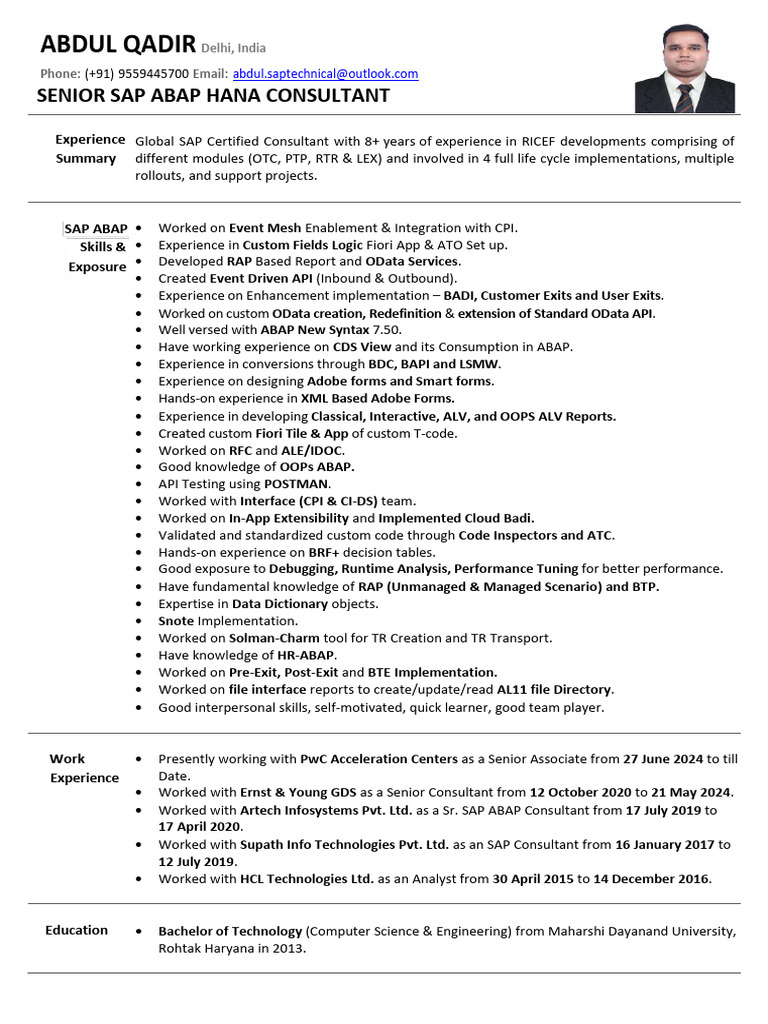 Senior SAP ABAP HANA Consultant Profile | PDF | Software Development ...