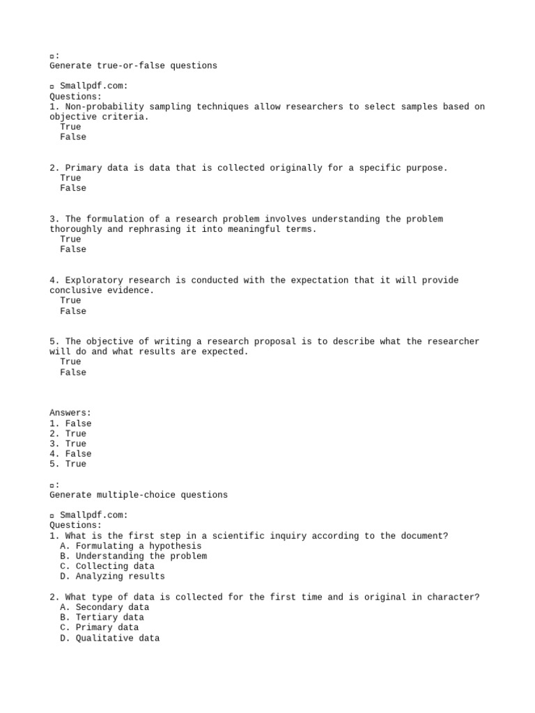 True/False & Multiple-Choice Research Questions | PDF | Methodology ...