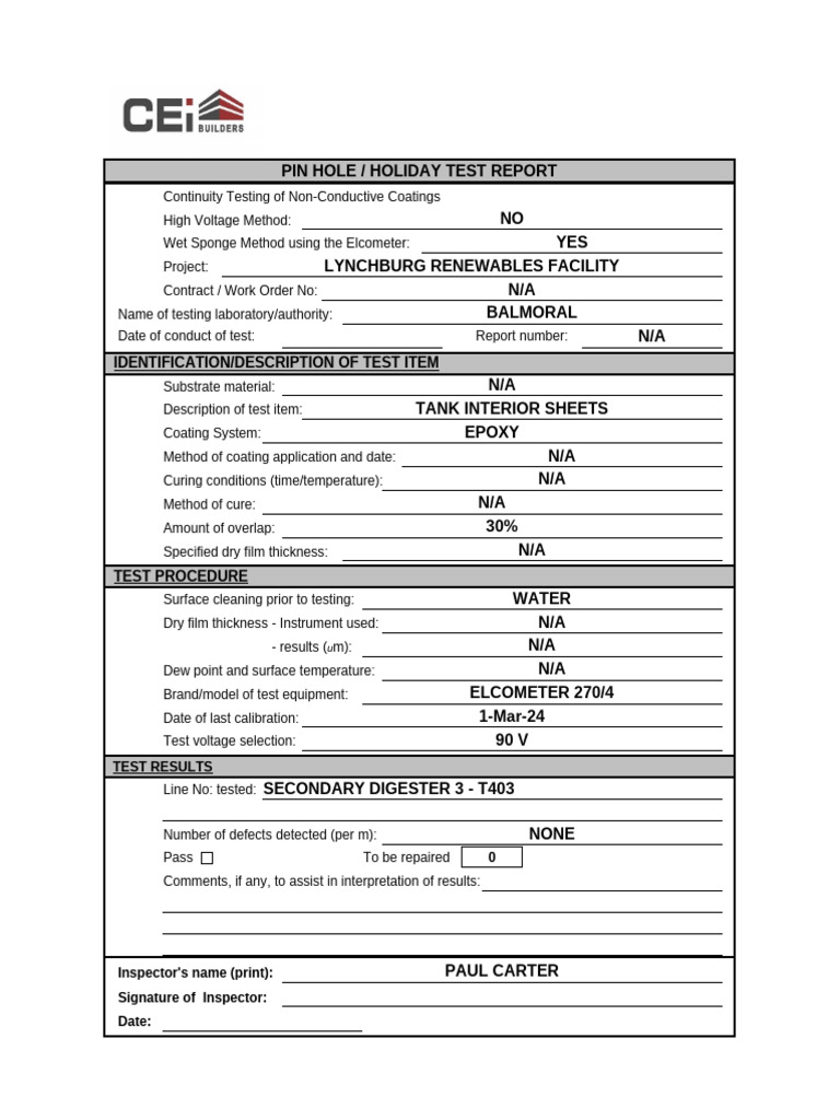 Holiday Test Report for Epoxy Coating | PDF