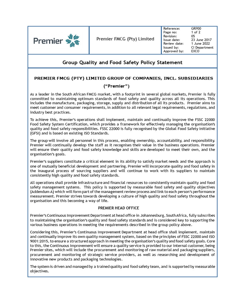 Premier FMCG Food Safety Policy | PDF | Food Safety | Audit