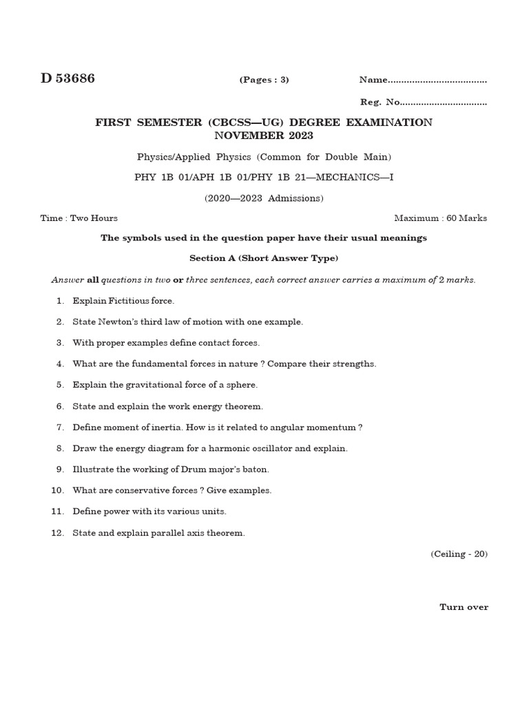 Mechanics I Exam Paper - Nov 2023 | PDF | Force | Potential Energy