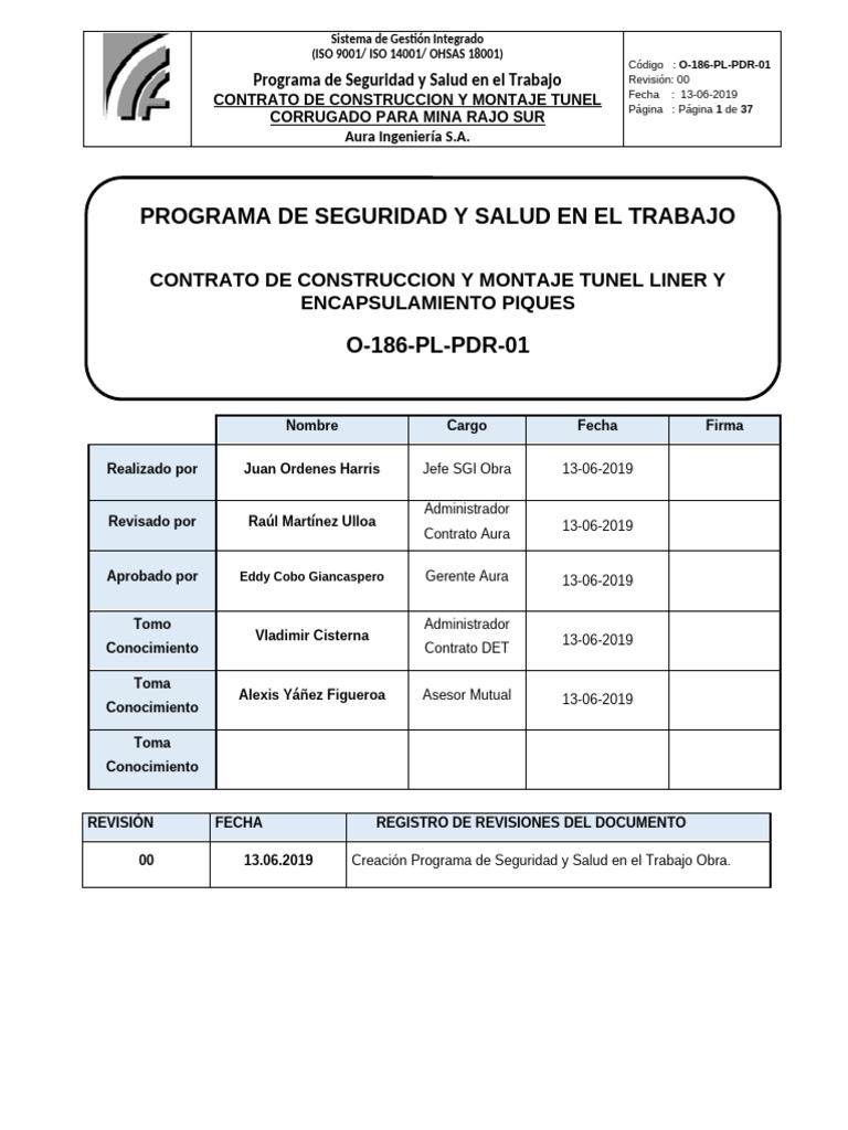 O-186-PL-PDR-01 Programa de Seguridad y Salud en El Trabajo Rev 0 | PDF ...