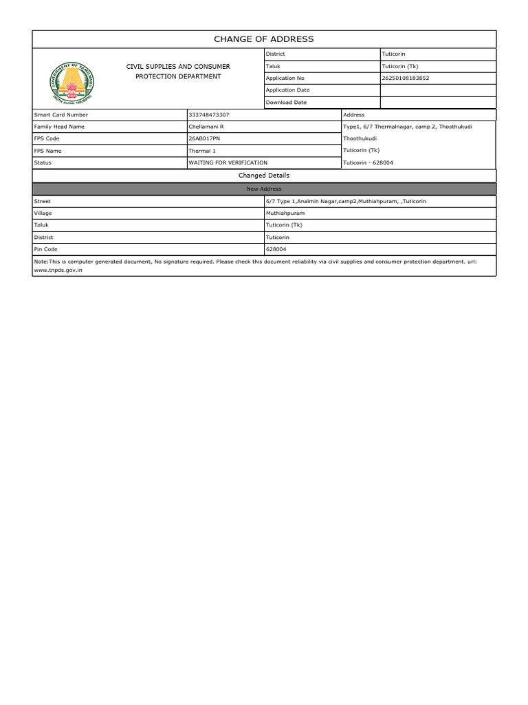 Tuticorin Address Change Application | PDF