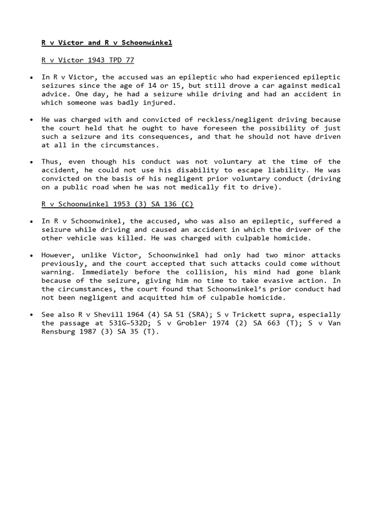 R v Victor and Schoonwinkel Cases Summary | PDF