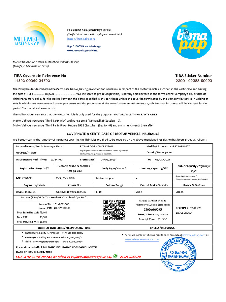 Cover Note MMV21303643-1-RE | PDF | Insurance | Vehicle Insurance